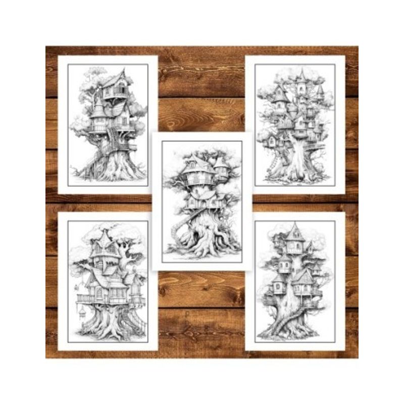 Carti si Birotica - Carti - Carti pentru copii - Carti de colorat - Carte de colorat pentru adulti, 50 de ilustratii, Case in copac, 106 pagini, A5 - Infinity.ro