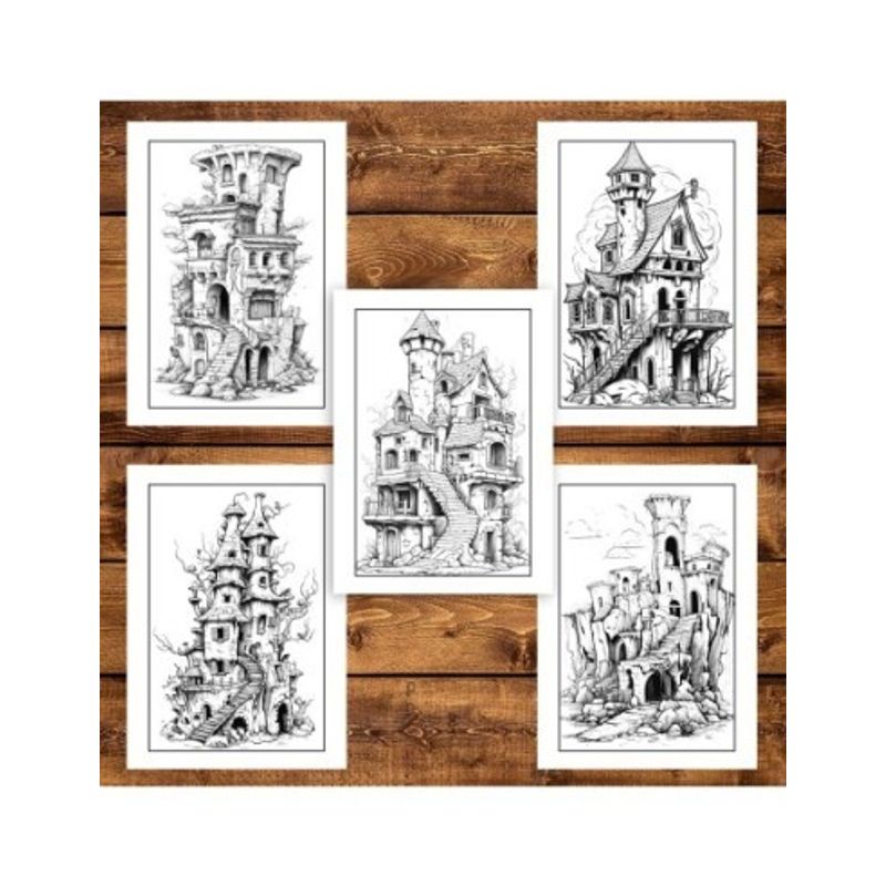 Carti si Birotica - Carti - Carti pentru copii - Carti de colorat - Carte de colorat pentru adulti, 50 de ilustratii, Case in ruine, 106 pagini, A5 - Infinity.ro