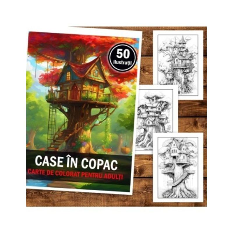 Carti si Birotica - Carti - Carti pentru copii - Carti de colorat - Carte de colorat pentru adulti, 50 de ilustratii, Case in copac, 106 pagini, A5 - Infinity.ro
