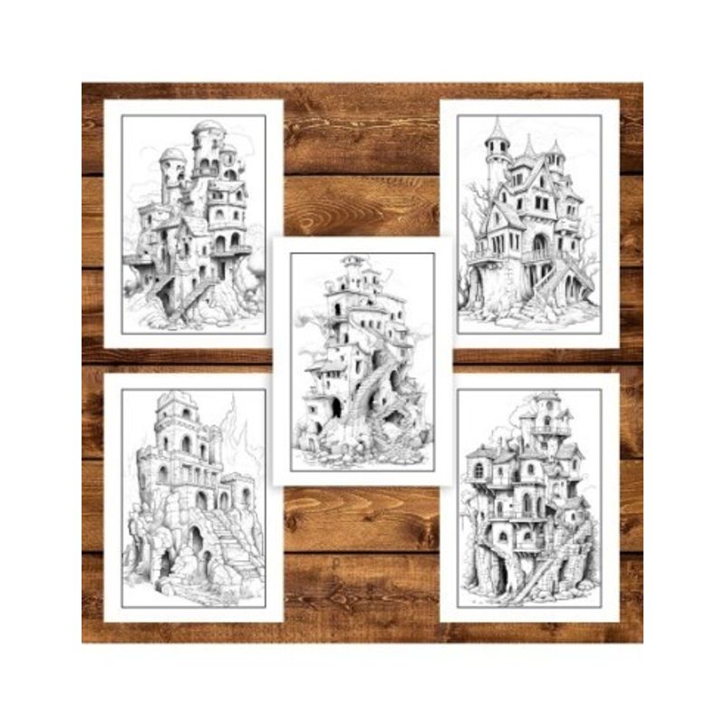 Carti si Birotica - Carti - Carti pentru copii - Carti de colorat - Carte de colorat pentru adulti, 50 de ilustratii, Case in ruine, 106 pagini, A5 - Infinity.ro