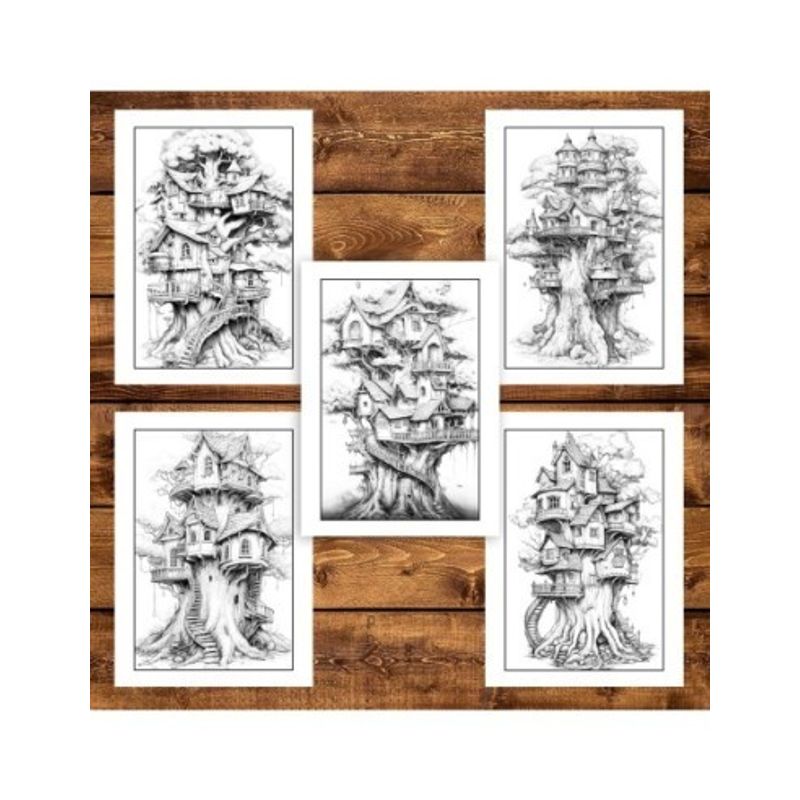 Carti si Birotica - Carti - Carti pentru copii - Carti de colorat - Carte de colorat pentru adulti, 50 de ilustratii, Case in copac, 106 pagini, A5 - Infinity.ro