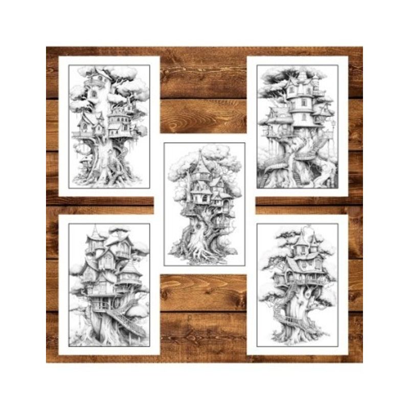 Carti si Birotica - Carti - Carti pentru copii - Carti de colorat - Carte de colorat pentru adulti, 50 de ilustratii, Case in copac, 106 pagini, A5 - Infinity.ro