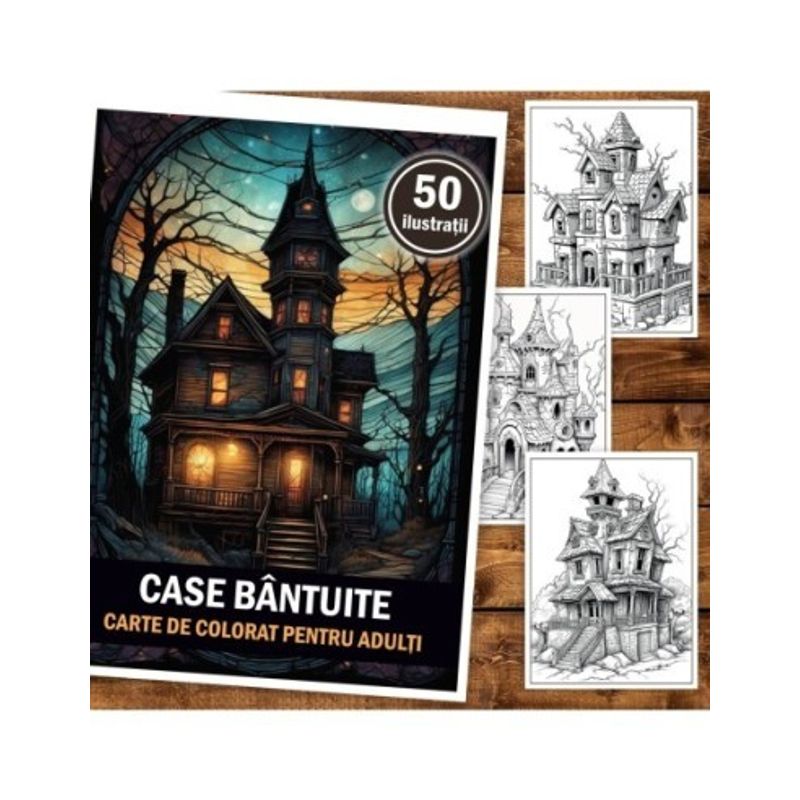 Carti si Birotica - Carti - Carti pentru copii - Carti de colorat - Carte de colorat pentru adulti, 50 de ilustratii, Case bantuite, 106 pagini, A5 - Infinity.ro