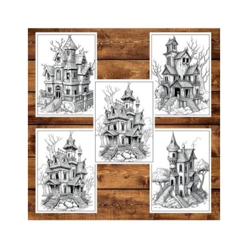 Carti si Birotica - Carti - Carti pentru copii - Carti de colorat - Carte de colorat pentru adulti, 50 de ilustratii, Case bantuite, 106 pagini, A5 - Infinity.ro
