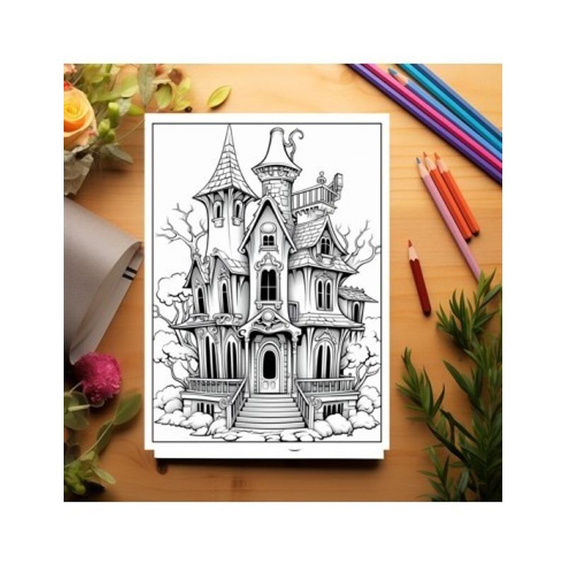 Carti si Birotica - Carti - Carti pentru copii - Carti de colorat - Carte de colorat pentru adulti, 50 de ilustratii, Case bantuite, 106 pagini, A5 - Infinity.ro