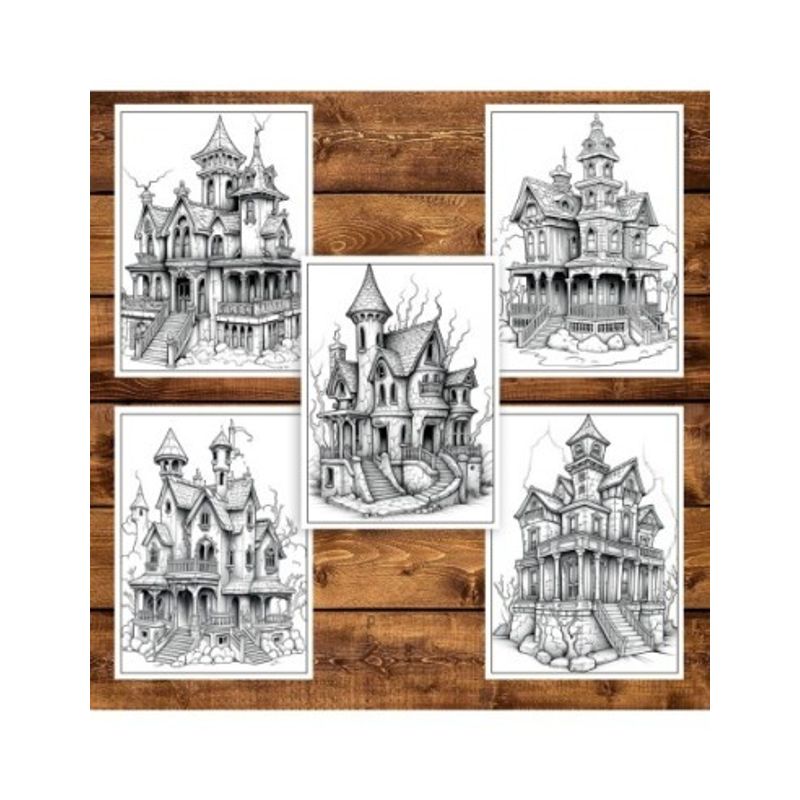 Carti si Birotica - Carti - Carti pentru copii - Carti de colorat - Carte de colorat pentru adulti, 50 de ilustratii, Case bantuite, 106 pagini, A5 - Infinity.ro