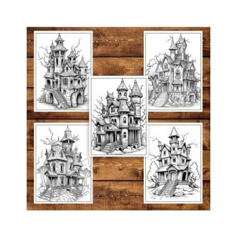 Carti si Birotica - Carti - Carti pentru copii - Carti de colorat - Carte de colorat pentru adulti, 50 de ilustratii, Case bantuite, 106 pagini, A5 - Infinity.ro