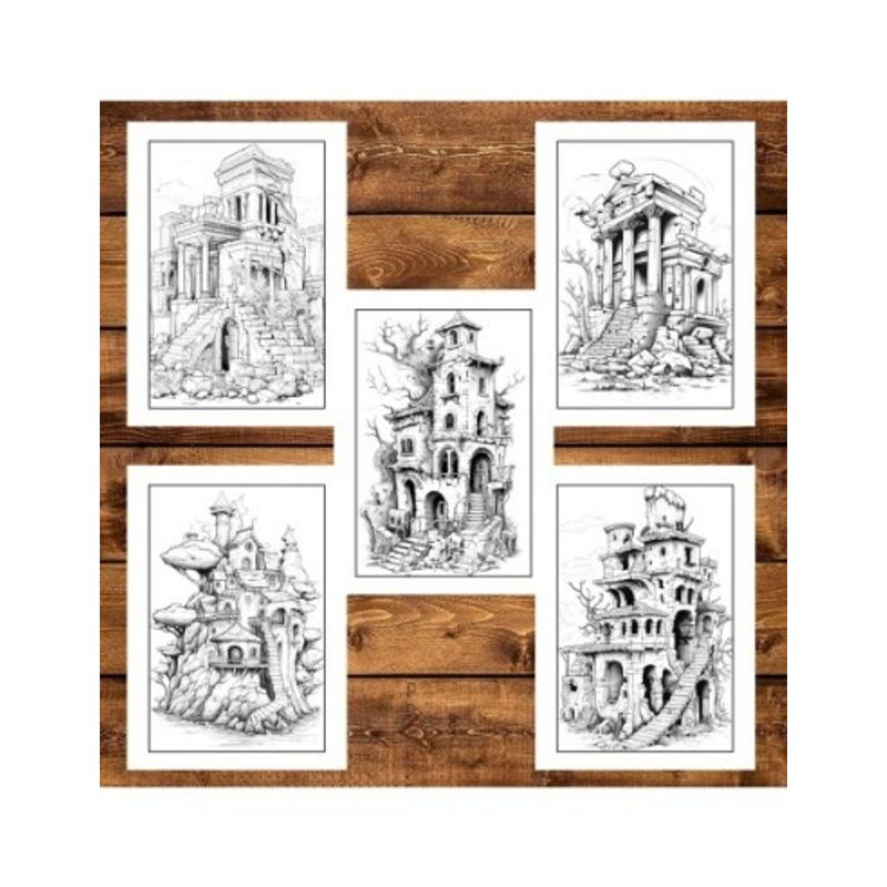 Carti si Birotica - Carti - Carti pentru copii - Carti de colorat - Carte de colorat pentru adulti, 50 de ilustratii, Case in ruine, 106 pagini, A5 - Infinity.ro