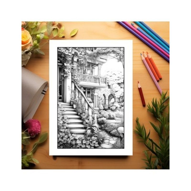 Carti si Birotica - Carti - Carti pentru copii - Carti de colorat - Carte de colorat pentru adulti, 50 de ilustratii, Case pitoresti, 106 pagini, A5 - Infinity.ro