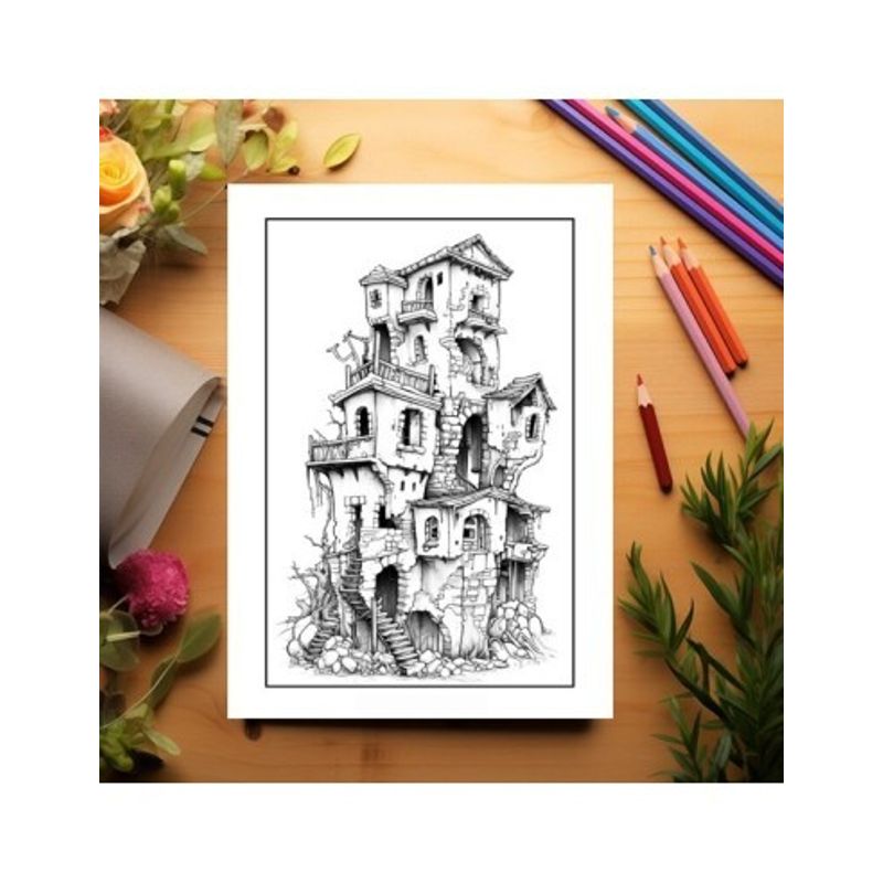 Carti si Birotica - Carti - Carti pentru copii - Carti de colorat - Carte de colorat pentru adulti, 50 de ilustratii, Case in ruine, 106 pagini, A5 - Infinity.ro