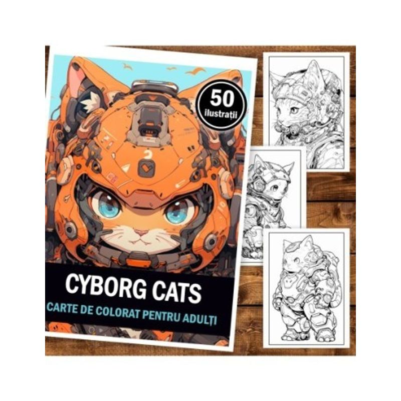 Carti si Birotica - Carti - Carti pentru copii - Carti de colorat - Carte de colorat pentru adulti, 50 de ilustratii, Cyborg Cats, 106 pagini, A5 - Infinity.ro
