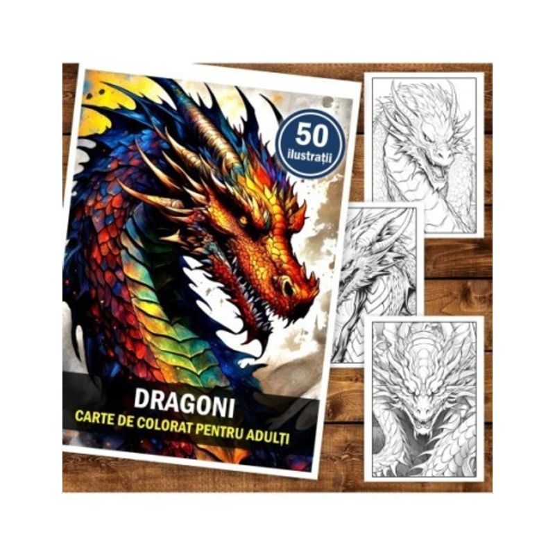 Carti si Birotica - Carti - Carti pentru copii - Carti de colorat - Carte de colorat pentru adulti, 50 de ilustratii, Dragoni, 106 pagini, A5 - Infinity.ro