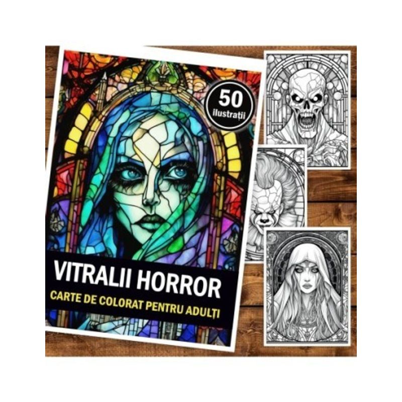 Carti si Birotica - Carti - Carti pentru copii - Carti de colorat - Carte de colorat pentru adulti, 50 de ilustratii, Vitralii Horror, 106 pagini, A5 - Infinity.ro
