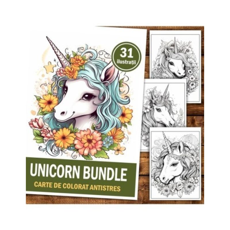 Carti si Birotica - Carti - Carti pentru copii - Carti de colorat - Carte de colorat pentru relaxare si antistres, 31 de ilustratii, Unicorni, 68 pagini, A5 - Infinity.ro