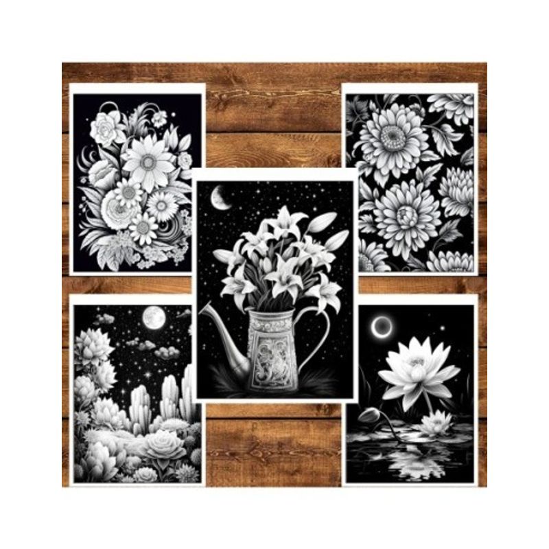 Carti si Birotica - Carti - Carti pentru copii - Carti de colorat - Carte de colorat pentru relaxare si antistres, 40 de ilustratii, Flori pe fundal negru - Volumul II, 86 pagini, A5 - Infinity.ro