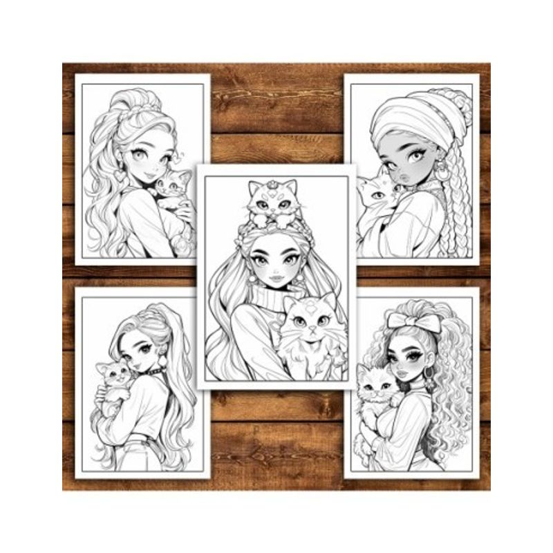 Carti si Birotica - Carti - Carti pentru copii - Carti de colorat - Carte de colorat pentru relaxare si antistres, 40 de ilustratii, Girls with Cats, 106 pagini, A5 - Infinity.ro