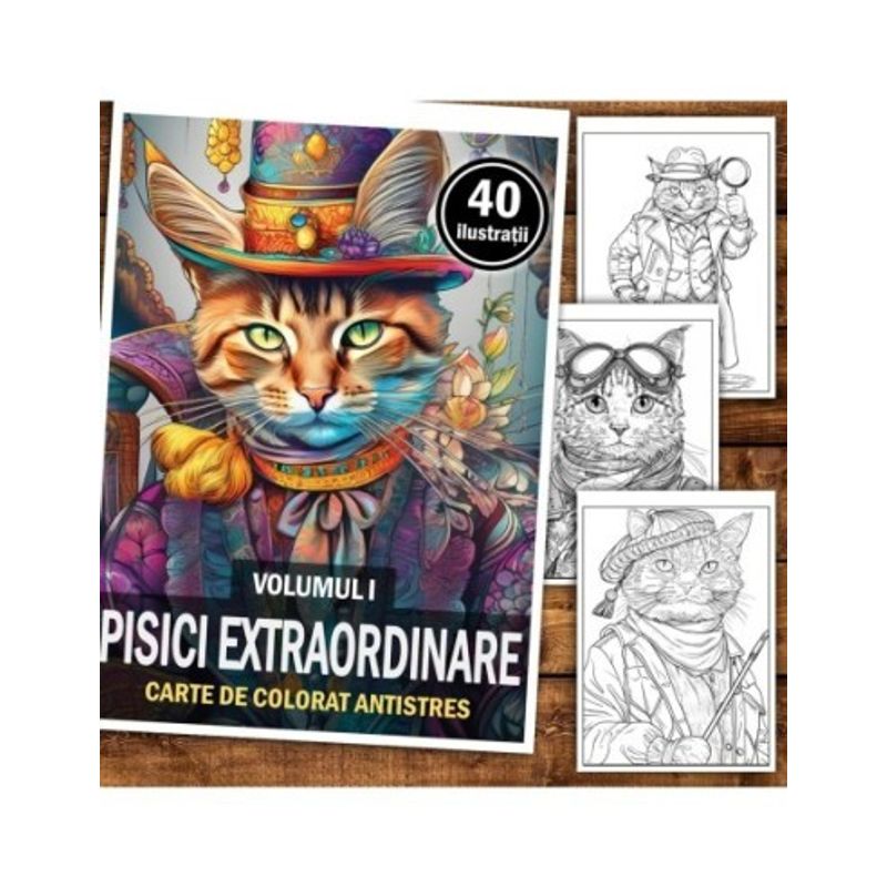 Carti si Birotica - Carti - Carti pentru copii - Carti de colorat - Carte de colorat pentru relaxare si antistres, 40 de ilustratii, Pisici Extraordinare - Volumul I, 86 pagini, A5 - Infinity.ro