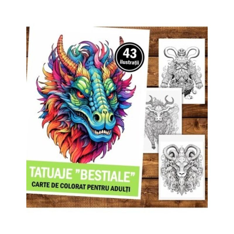 Carti si Birotica - Carti - Carti pentru copii - Carti de colorat - Carte de colorat pentru relaxare si antistres, 43 de ilustratii, Tatuaje Bestiale, 92 pagini, A5 - Infinity.ro
