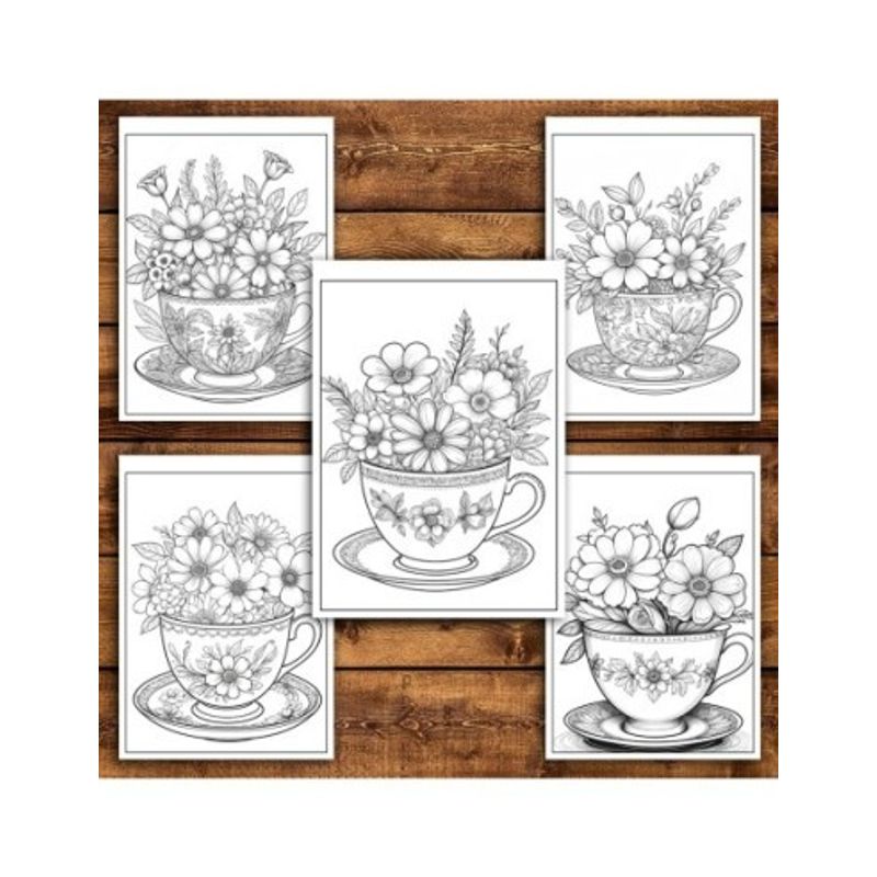 Carti si Birotica - Carti - Carti pentru copii - Carti de colorat - Carte de colorat pentru relaxare si antistres, 45 de ilustratii, Teacup Flowers, 96 pagini, A5 - Infinity.ro
