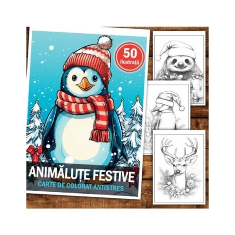 Carti si Birotica - Carti - Carti pentru copii - Carti de colorat - Carte de colorat pentru relaxare si antistres, 50 de ilustratii, Animalute Festive, 106 pagini, A5 - Infinity.ro