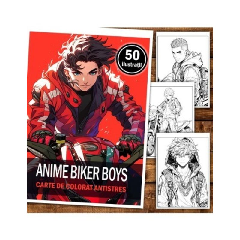 Carti si Birotica - Carti - Carti pentru copii - Carti de colorat - Carte de colorat pentru relaxare si antistres, 50 de ilustratii, Anime Biker Boys, 106 pagini, A5 - Infinity.ro