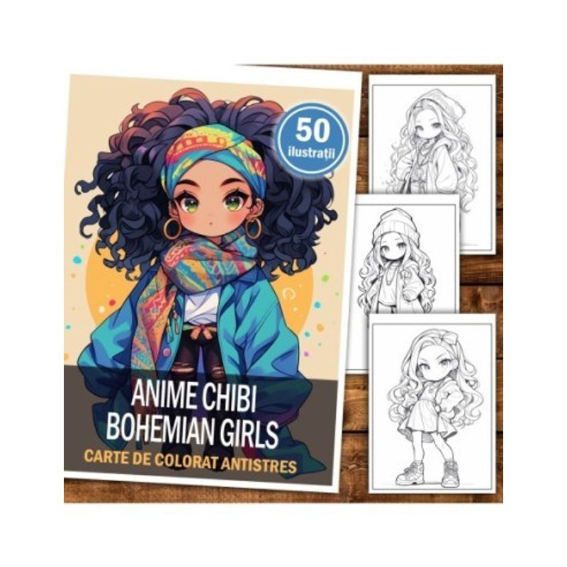 Carti si Birotica - Carti - Carti pentru copii - Carti de colorat - Carte de colorat pentru relaxare si antistres, 50 de ilustratii, Anime Chibi Boemian Girls, 106 pagini, A5 - Infinity.ro
