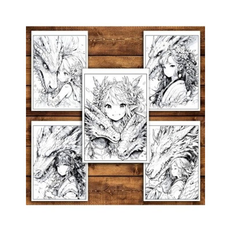 Carti si Birotica - Carti - Carti pentru copii - Carti de colorat - Carte de colorat pentru relaxare si antistres, 50 de ilustratii, Anime Girls and Dragons, 106 pagini, A5 - Infinity.ro