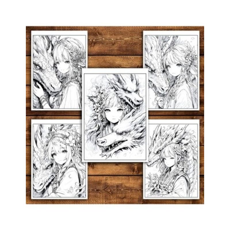 Carti si Birotica - Carti - Carti pentru copii - Carti de colorat - Carte de colorat pentru relaxare si antistres, 50 de ilustratii, Anime Girls and Dragons, 106 pagini, A5 - Infinity.ro