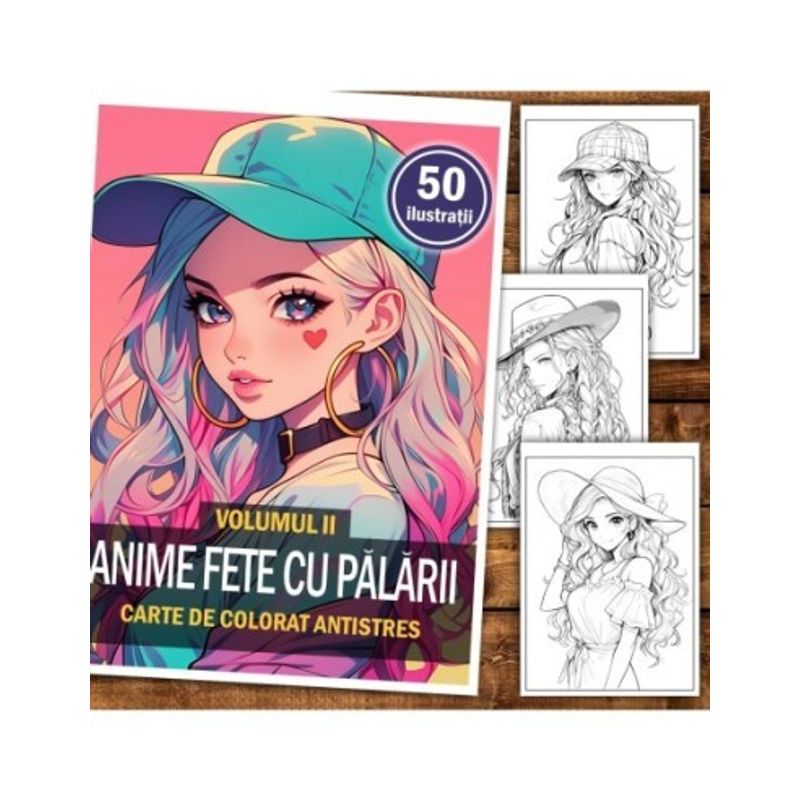 Carti si Birotica - Carti - Carti pentru copii - Carti de colorat - Carte de colorat pentru relaxare si antistres, 50 de ilustratii, Anime Fete cu Palarii - Volumul II, 106 pagini, A5 - Infinity.ro