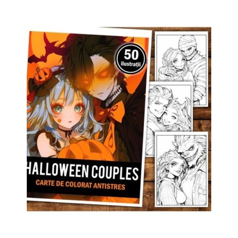 Carti si Birotica - Carti - Carti pentru copii - Carti de colorat - Carte de colorat pentru relaxare si antistres, 50 de ilustratii, Anime Halloween Couples, 106 pagini, A5 - Infinity.ro