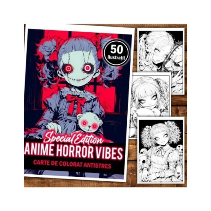 Carti si Birotica - Carti - Carti pentru copii - Carti de colorat - Carte de colorat pentru relaxare si antistres, 50 de ilustratii, Anime Horror Vibes, 106 pagini, A5 - Infinity.ro