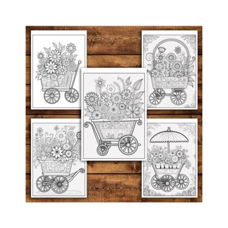 Carti si Birotica - Carti - Carti pentru copii - Carti de colorat - Carte de colorat pentru relaxare si antistres, 50 de ilustratii, Carucioare cu flori, 106 pagini, A5 - Infinity.ro