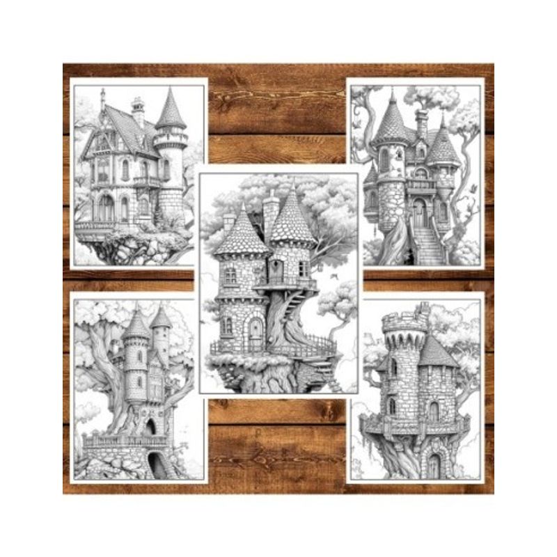 Carti si Birotica - Carti - Carti pentru copii - Carti de colorat - Carte de colorat pentru relaxare si antistres, 50 de ilustratii, Castele in copaci, 106 pagini, A5 - Infinity.ro