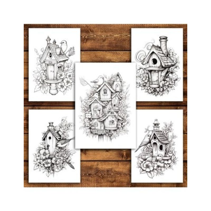 Carti si Birotica - Carti - Carti pentru copii - Carti de colorat - Carte de colorat pentru relaxare si antistres, 50 de ilustratii, Casute de pasari, 106 pagini, A5 - Infinity.ro