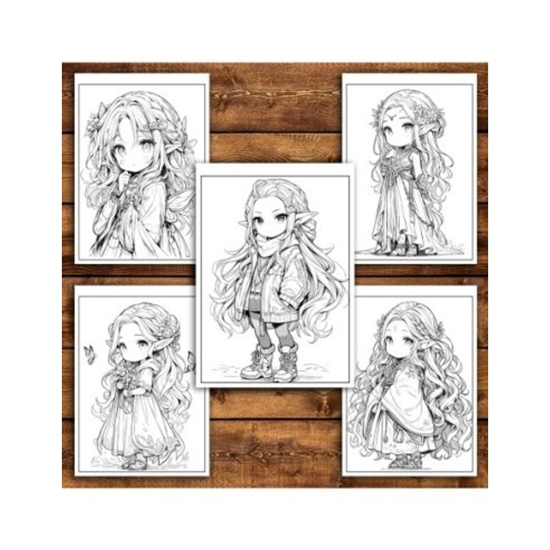 Carti si Birotica - Carti - Carti pentru copii - Carti de colorat - Carte de colorat pentru relaxare si antistres, 50 de ilustratii, Chibi Elf Girls, 106 pagini, A5 - Infinity.ro