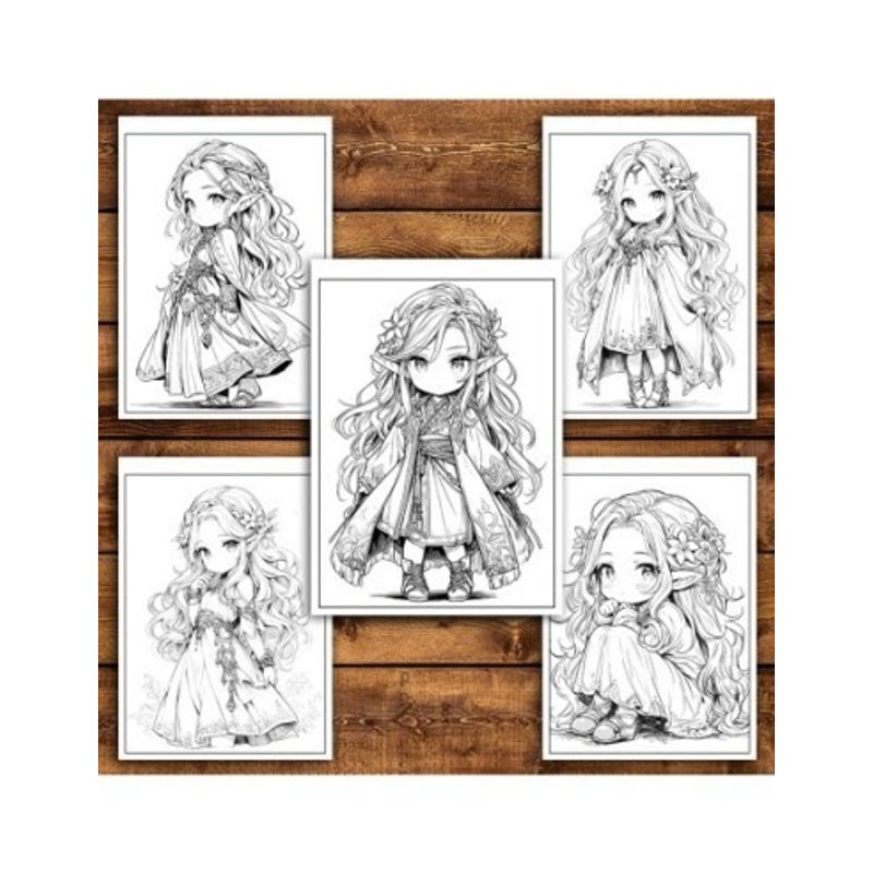 Carti si Birotica - Carti - Carti pentru copii - Carti de colorat - Carte de colorat pentru relaxare si antistres, 50 de ilustratii, Chibi Elf Girls, 106 pagini, A5 - Infinity.ro