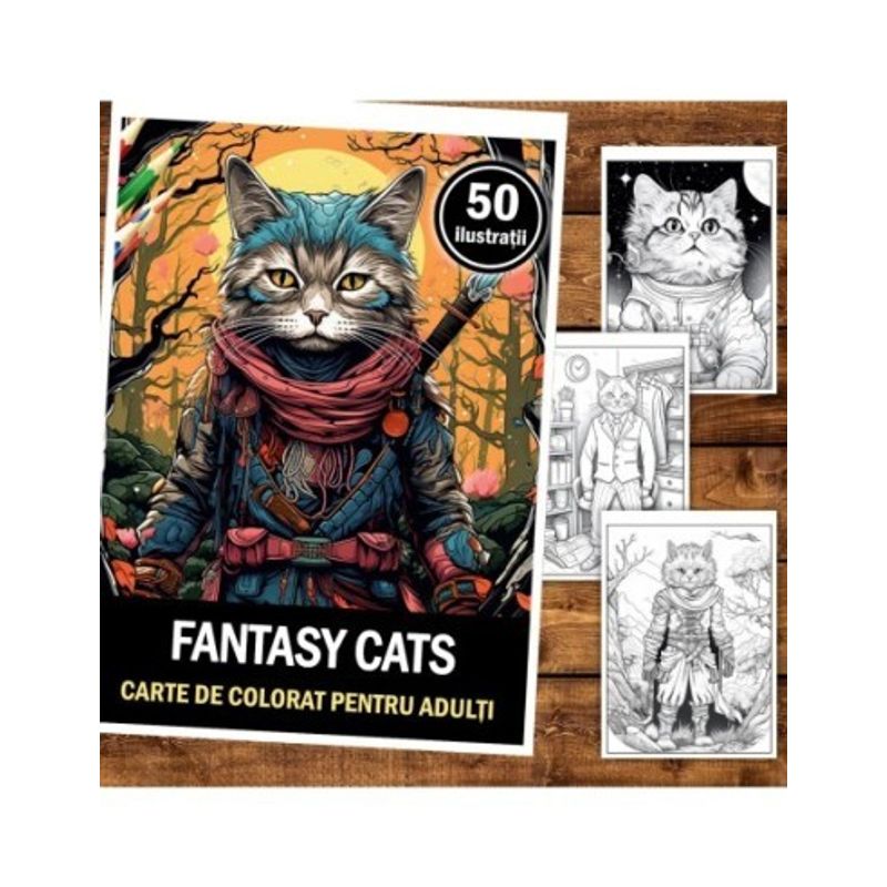 Carti si Birotica - Carti - Carti pentru copii - Carti de colorat - Carte de colorat pentru relaxare si antistres, 50 de ilustratii, Fantasy Cats, 106 pagini, A5 - Infinity.ro