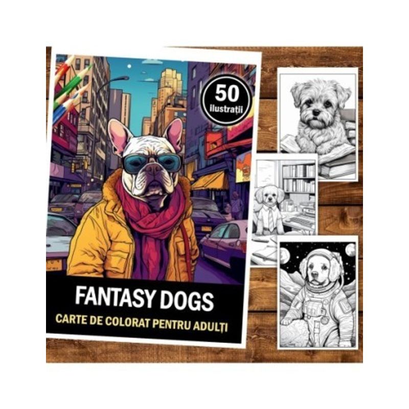 Carti si Birotica - Carti - Carti pentru copii - Carti de colorat - Carte de colorat pentru relaxare si antistres, 50 de ilustratii, Fantasy Dogs, 106 pagini, A5 - Infinity.ro