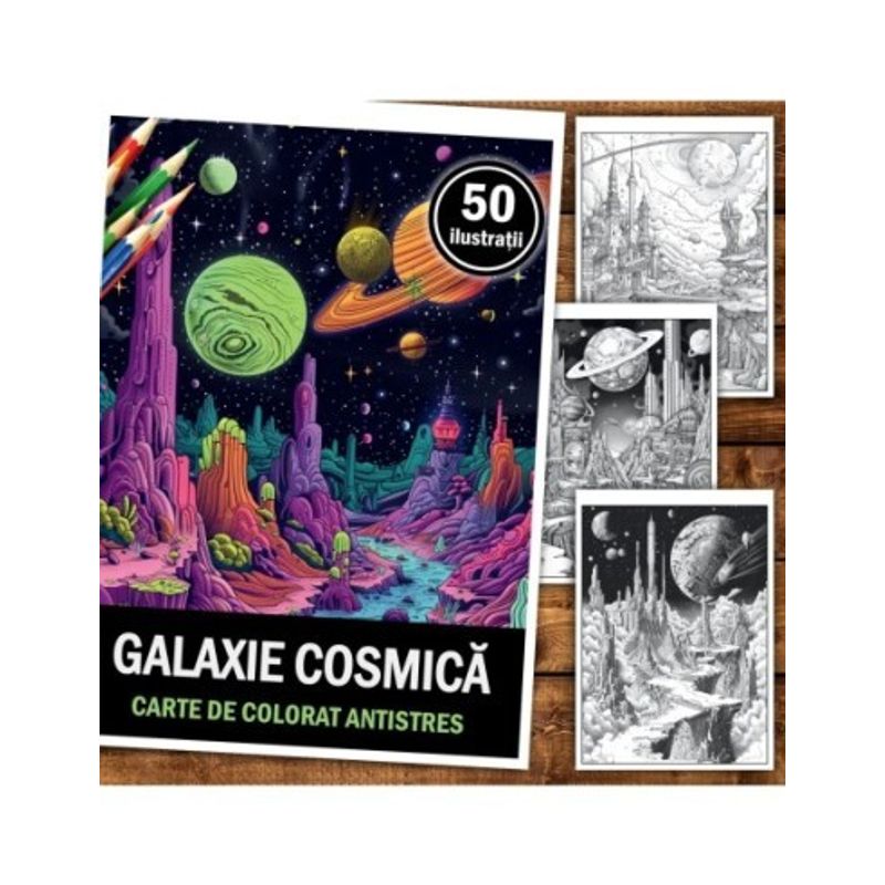 Carti si Birotica - Carti - Carti pentru copii - Carti de colorat - Carte de colorat pentru relaxare si antistres, 50 de ilustratii, Galaxie Cosmica, 106 pagini, A5 - Infinity.ro