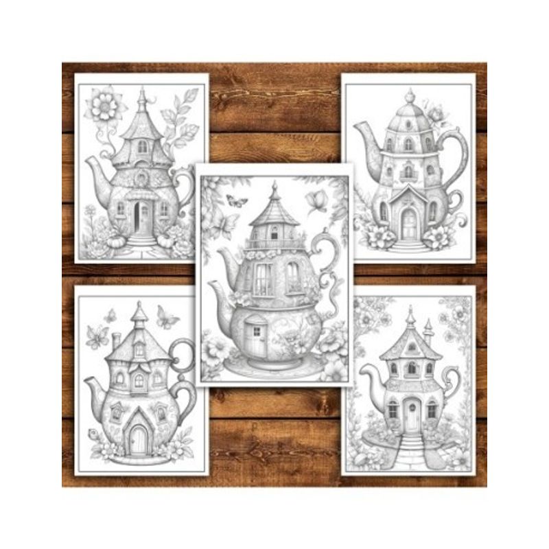 Carti si Birotica - Carti - Carti pentru copii - Carti de colorat - Carte de colorat pentru relaxare si antistres, 50 de ilustratii, Teapot Houses, 106 pagini, A5 - Infinity.ro