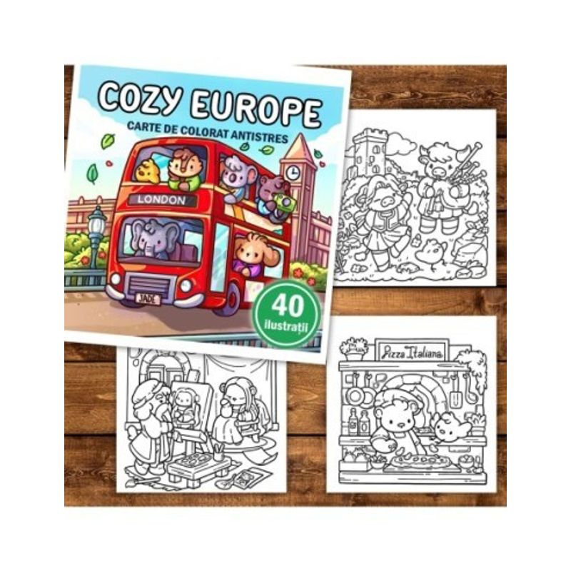 Carti si Birotica - Carti - Carti pentru copii - Carti de colorat - Carte de colorat, 40 de ilustratii Cozy Europe, 86 pagini, A5 - Infinity.ro