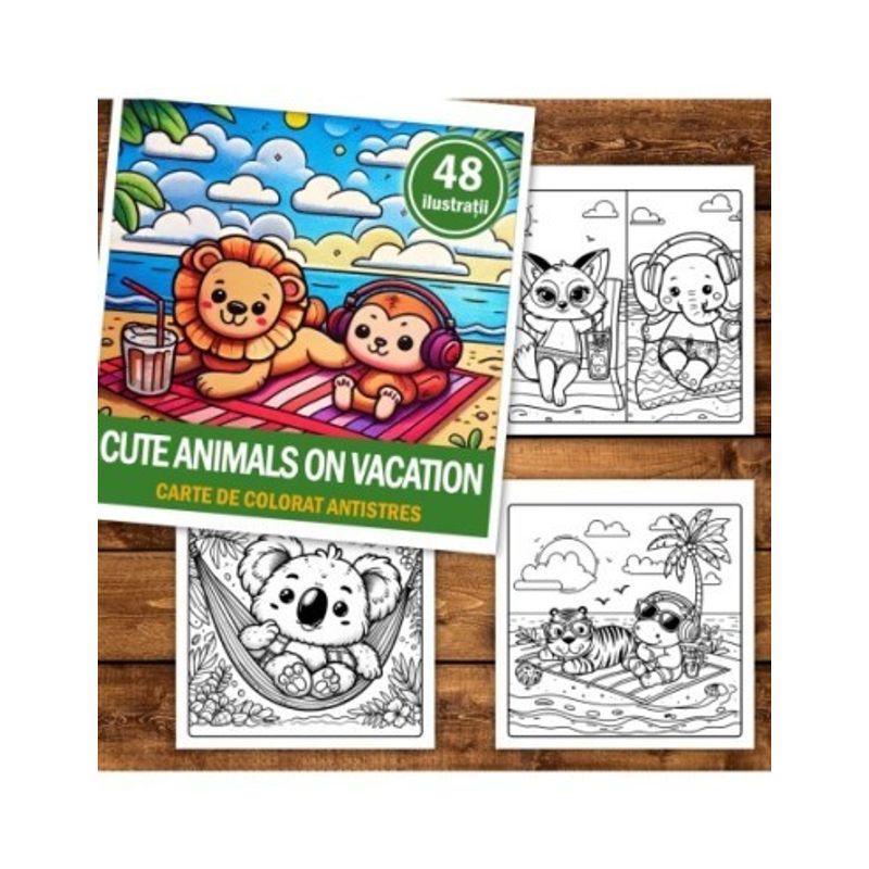 Carti si Birotica - Carti - Carti pentru copii - Carti de colorat - Carte de colorat, 48 de ilustratii Cute Animals on Vacation, 102 pagini, A5 - Infinity.ro