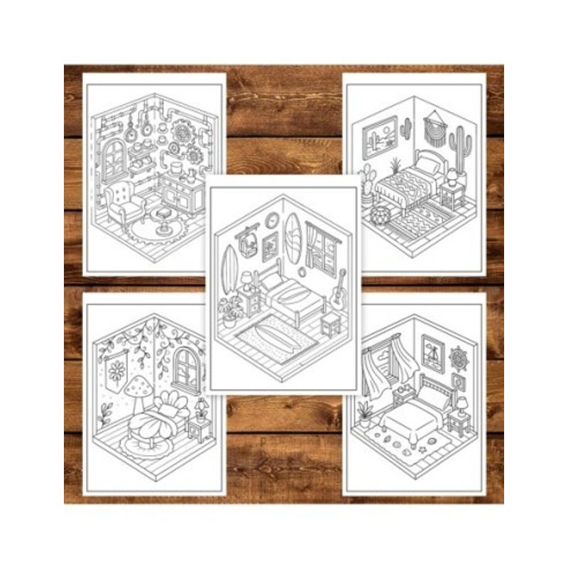 Carti si Birotica - Carti - Carti pentru copii - Carti de colorat - Carte de colorat, 49 de ilustratii Isometric Rooms, 104 pagini, A5 - Infinity.ro