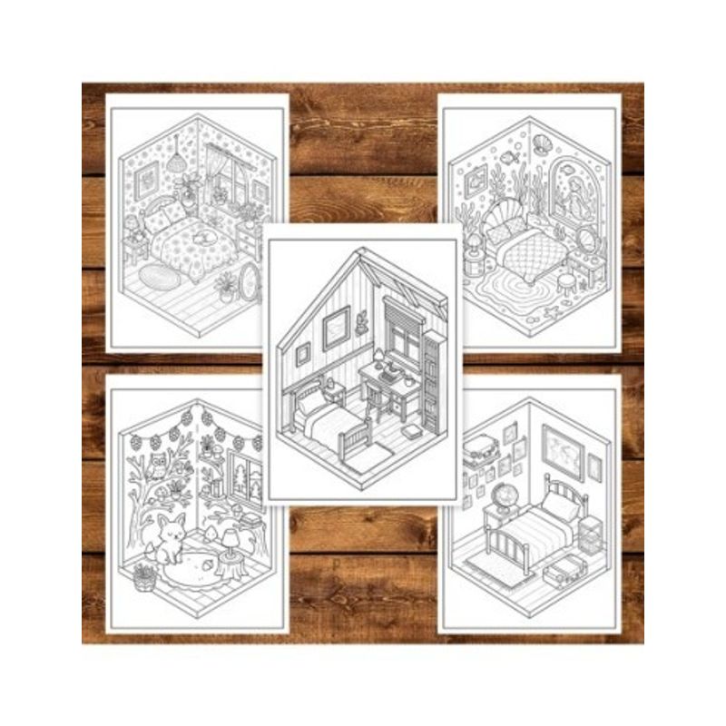 Carti si Birotica - Carti - Carti pentru copii - Carti de colorat - Carte de colorat, 49 de ilustratii Isometric Rooms, 104 pagini, A5 - Infinity.ro
