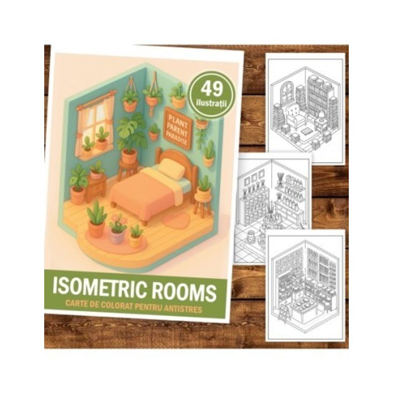 Carti si Birotica - Carti - Carti pentru copii - Carti de colorat - Carte de colorat, 49 de ilustratii Isometric Rooms, 104 pagini, A5 - Infinity.ro
