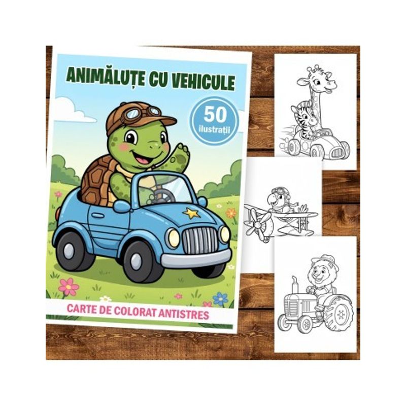 Carti si Birotica - Carti - Carti pentru copii - Carti de colorat - Carte de colorat, 50 de ilustratii Animalute cu Vehicule, 106 pagini, A5 - Infinity.ro