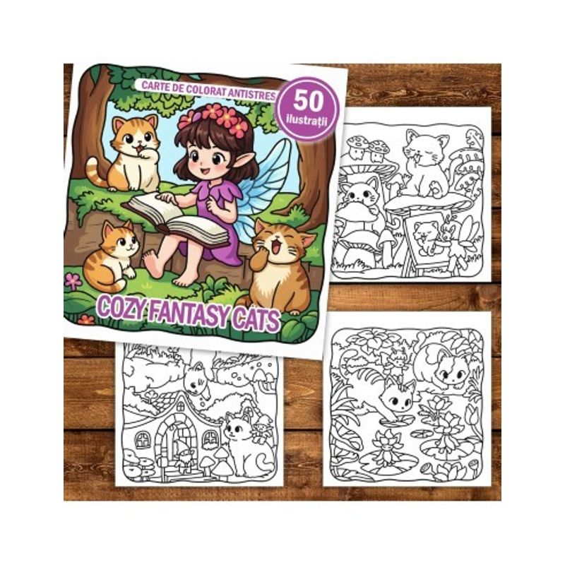 Carti si Birotica - Carti - Carti pentru copii - Carti de colorat - Carte de colorat, 50 de ilustratii Cozy Fantasy Cats, 106 pagini, A5 - Infinity.ro