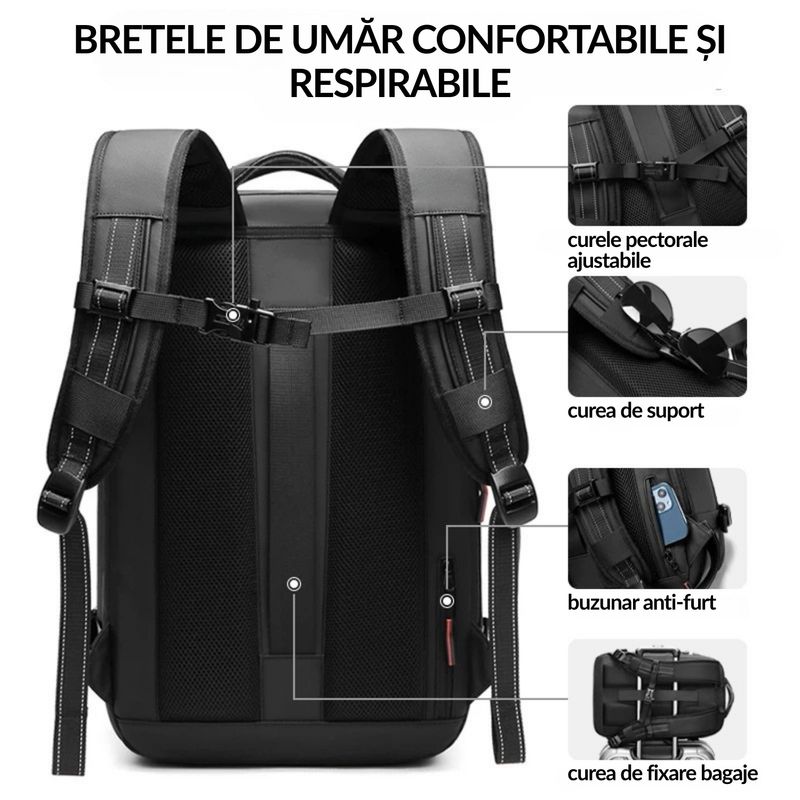 Sport si Outdoor - Articole de voiaj - Rucsacuri - Rucsac PLEMORY® Vidabil cu Pompa Incorporata, Ghiozdan Multifunctional, cu Vacuum, Smart, Negru - Infinity.ro