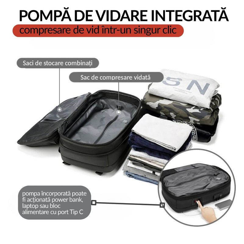 Sport si Outdoor - Articole de voiaj - Rucsacuri - Rucsac PLEMORY® Vidabil cu Pompa Incorporata, Ghiozdan Multifunctional, cu Vacuum, Smart, Negru - Infinity.ro