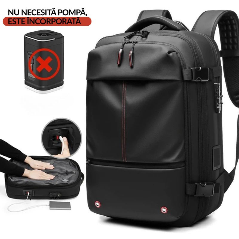 Sport si Outdoor - Articole de voiaj - Rucsacuri - Rucsac PLEMORY® Vidabil cu Pompa Incorporata, Ghiozdan Multifunctional, cu Vacuum, Smart, Negru - Infinity.ro